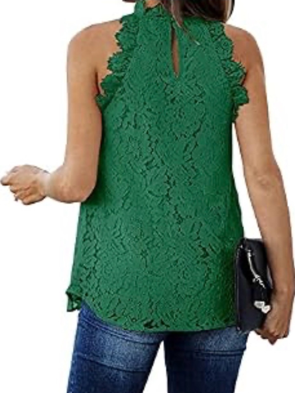 Berryou Women's Green Floral Lace Round Neck Sleeveless Top Keyhole Back Button